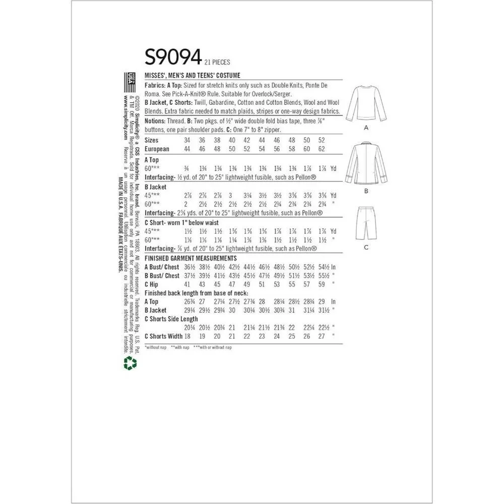 Simplicity Sewing Pattern 9094 Unisex Adult School Uniform Cosplay Costume 34-42